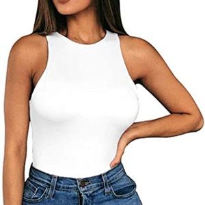 White Bodysuit, Sleeveless High Neckline Large